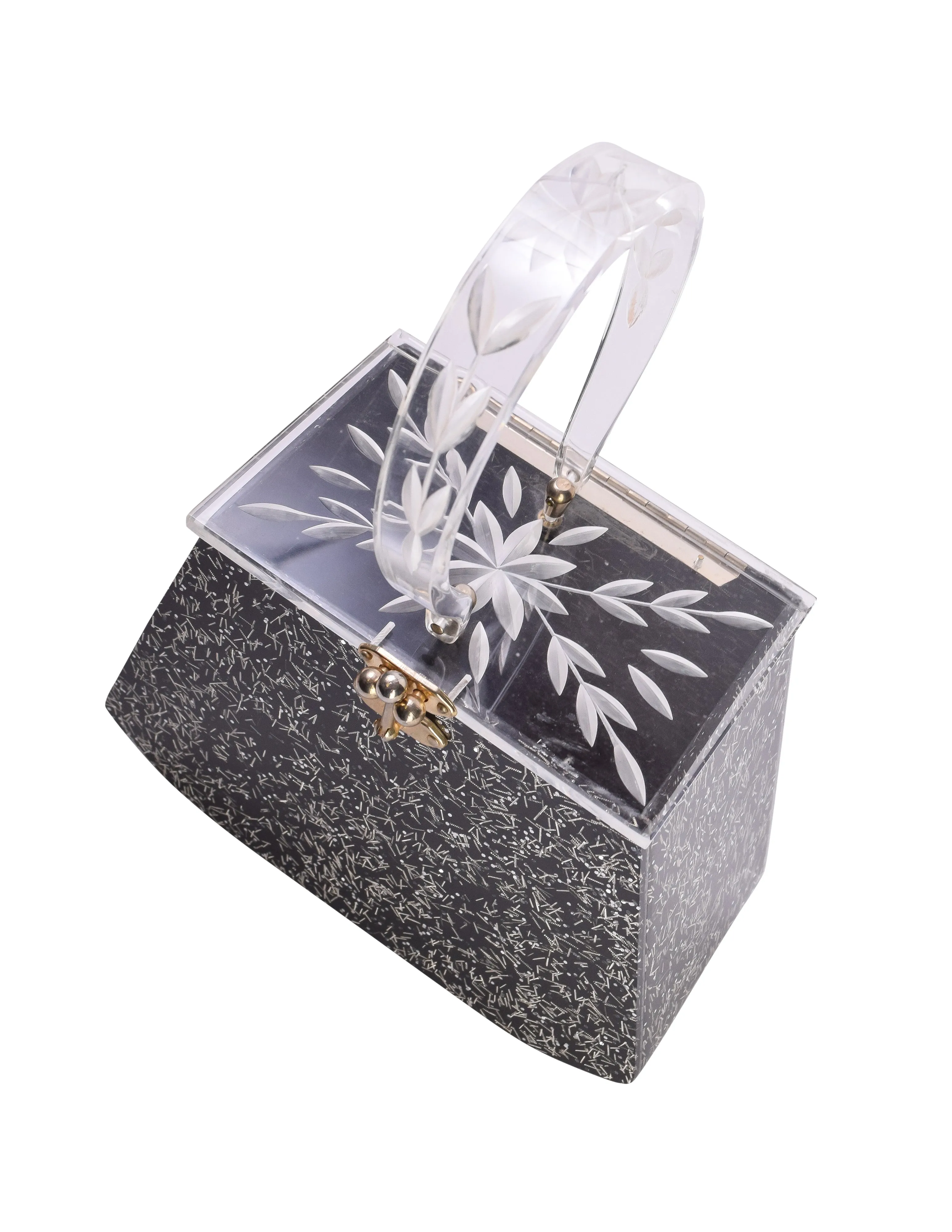 Charles Kahn Vintage 1950s Black & Silver Confetti Glitter Lucite Handbag