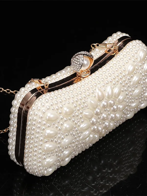 Polyester Solid Color Pearls Chain Clutch Bags