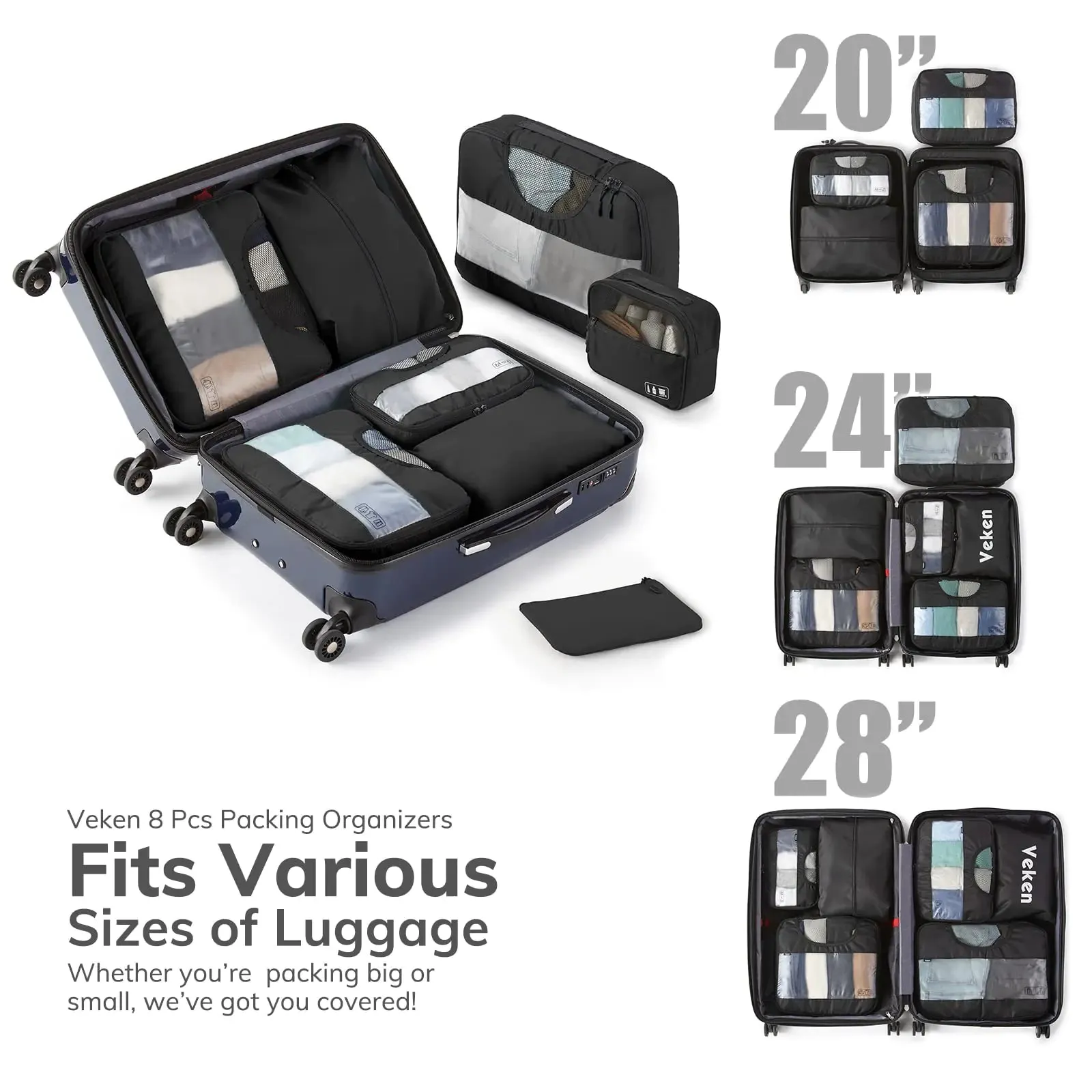 Veken 8 Set Packing Cubes for Suitcases-Travel Bag Organizers for Carry on Luggage