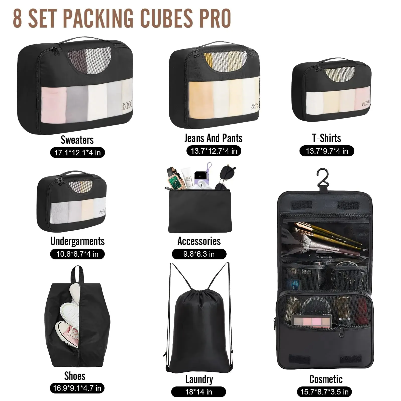 Veken 8 Set Packing Cubes for Suitcases-Travel Bag Organizers for Carry on Luggage