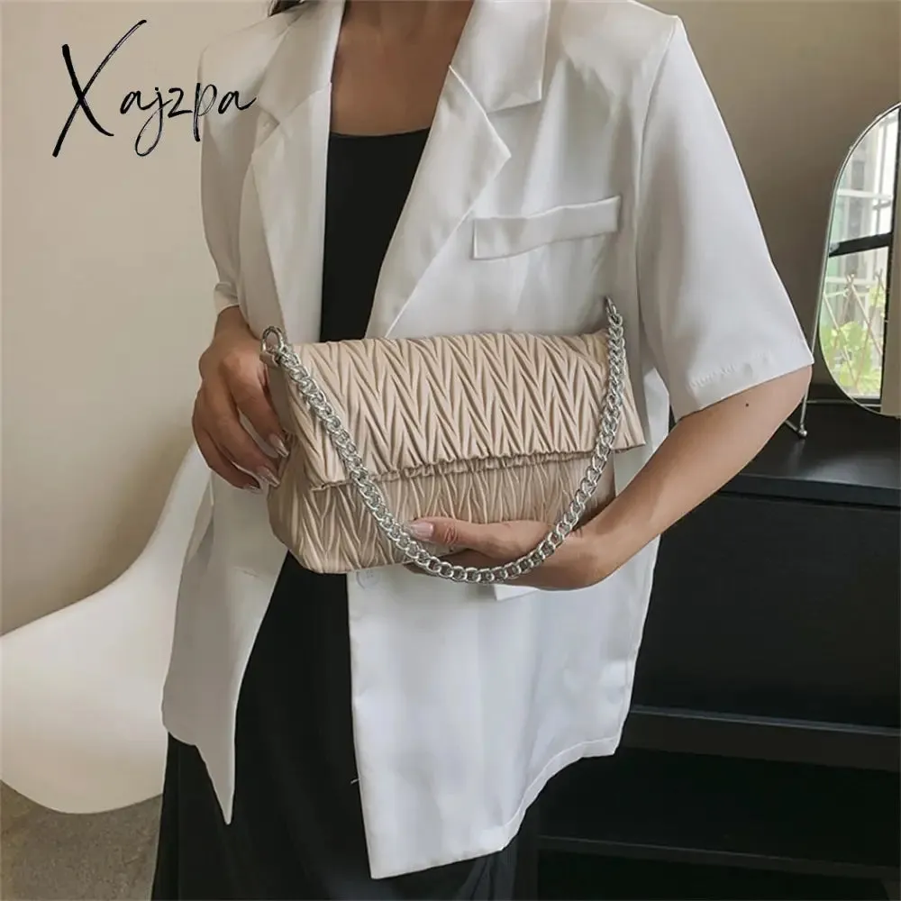 Xajzpa - Fashion Silver Messenger Bags for Women Designer Pleated Soft Leather Shoulder Bag 2023 Trend Purses and Handbags Underarm Totes