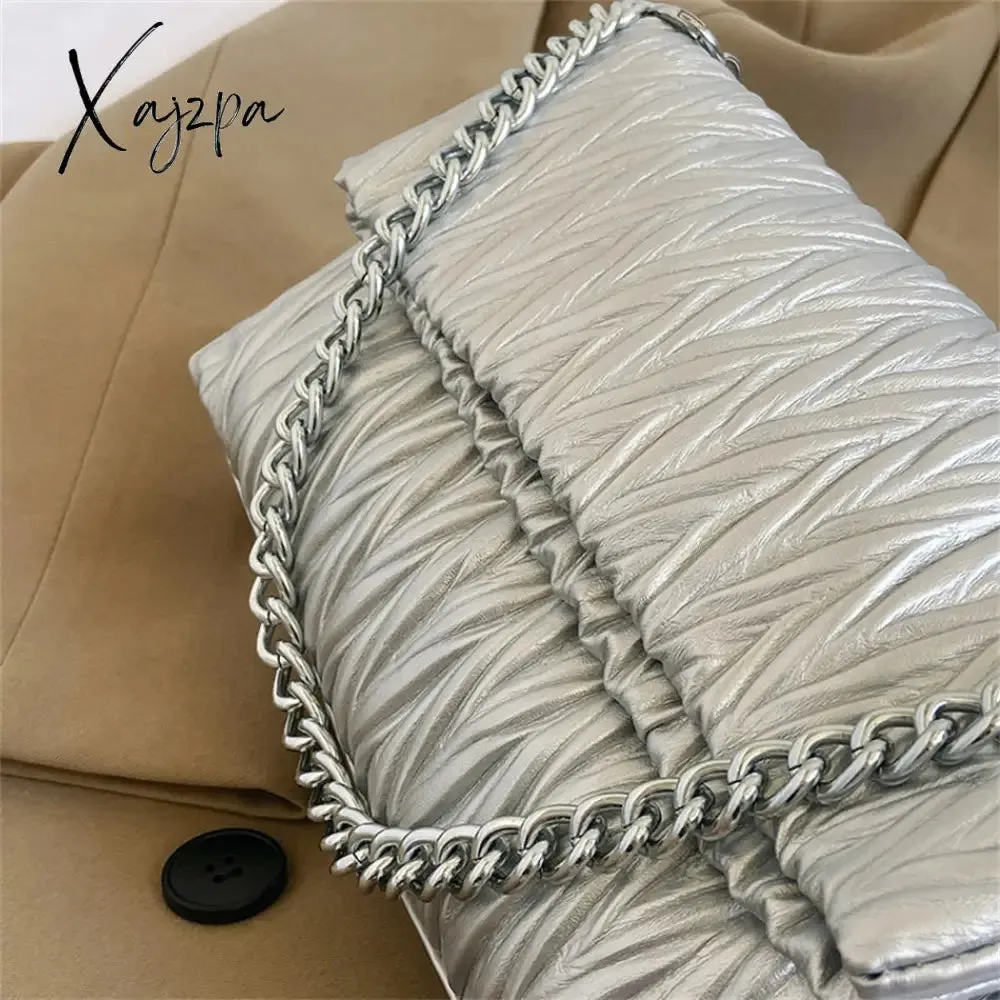 Xajzpa - Fashion Silver Messenger Bags for Women Designer Pleated Soft Leather Shoulder Bag 2023 Trend Purses and Handbags Underarm Totes