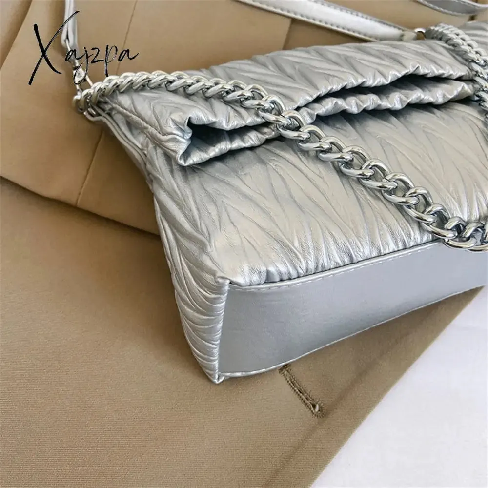 Xajzpa - Fashion Silver Messenger Bags for Women Designer Pleated Soft Leather Shoulder Bag 2023 Trend Purses and Handbags Underarm Totes