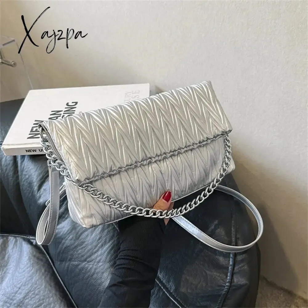 Xajzpa - Fashion Silver Messenger Bags for Women Designer Pleated Soft Leather Shoulder Bag 2023 Trend Purses and Handbags Underarm Totes