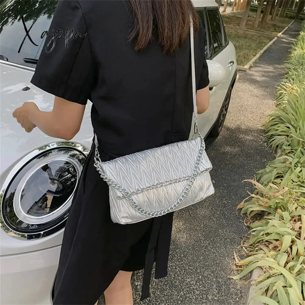 Xajzpa - Fashion Silver Messenger Bags for Women Designer Pleated Soft Leather Shoulder Bag 2023 Trend Purses and Handbags Underarm Totes