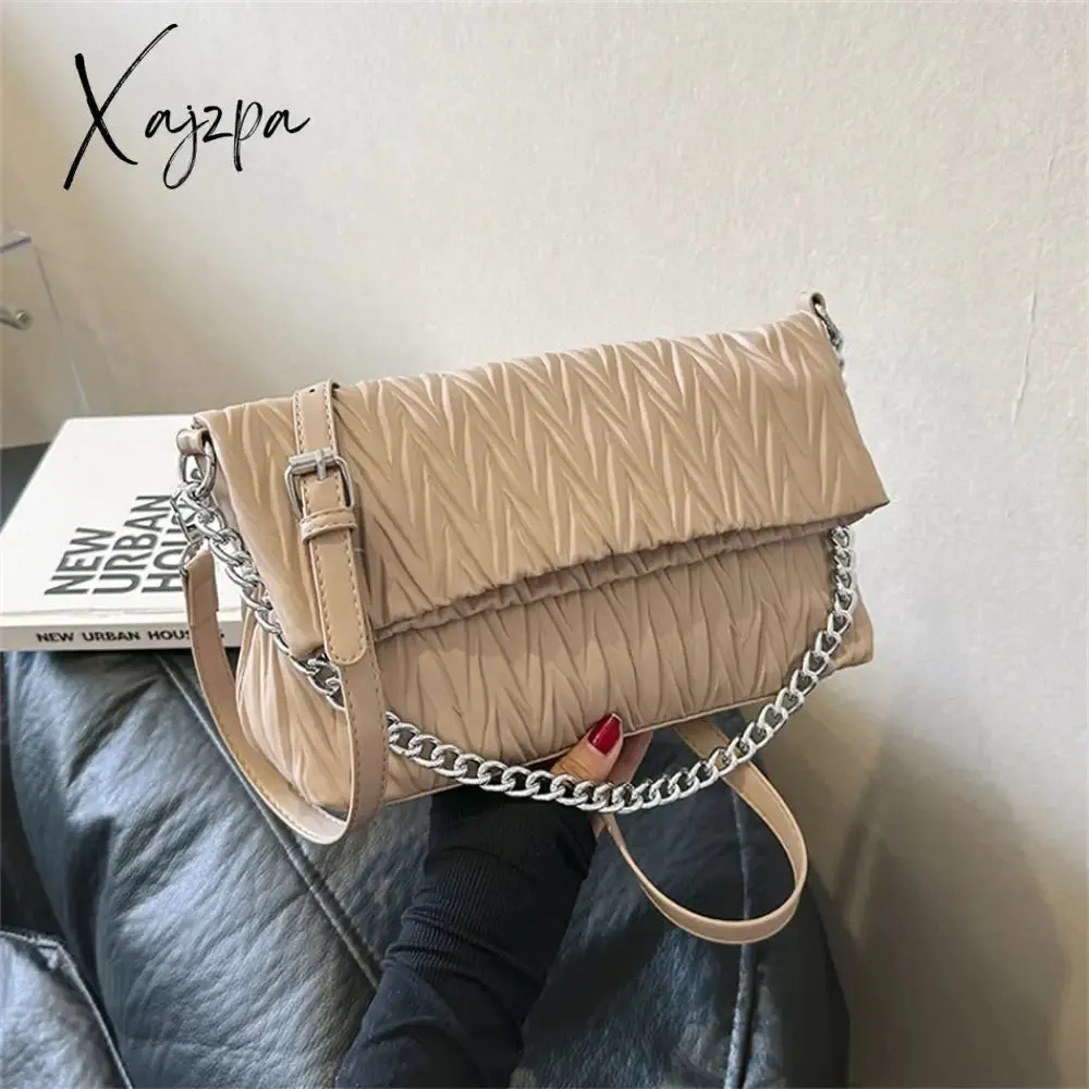Xajzpa - Fashion Silver Messenger Bags for Women Designer Pleated Soft Leather Shoulder Bag 2023 Trend Purses and Handbags Underarm Totes