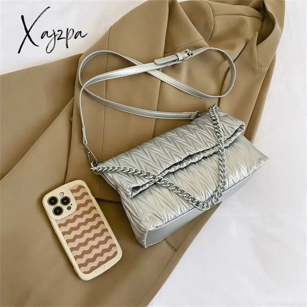 Xajzpa - Fashion Silver Messenger Bags for Women Designer Pleated Soft Leather Shoulder Bag 2023 Trend Purses and Handbags Underarm Totes