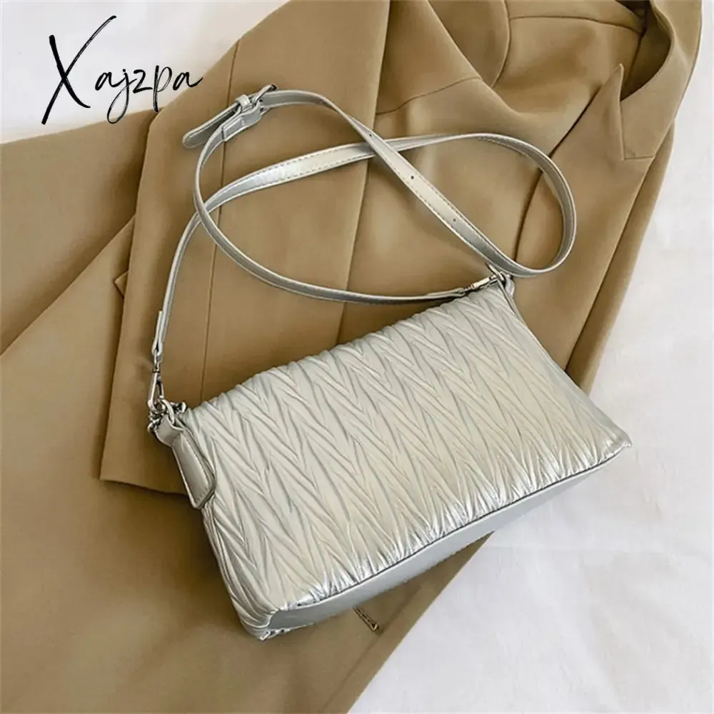 Xajzpa - Fashion Silver Messenger Bags for Women Designer Pleated Soft Leather Shoulder Bag 2023 Trend Purses and Handbags Underarm Totes